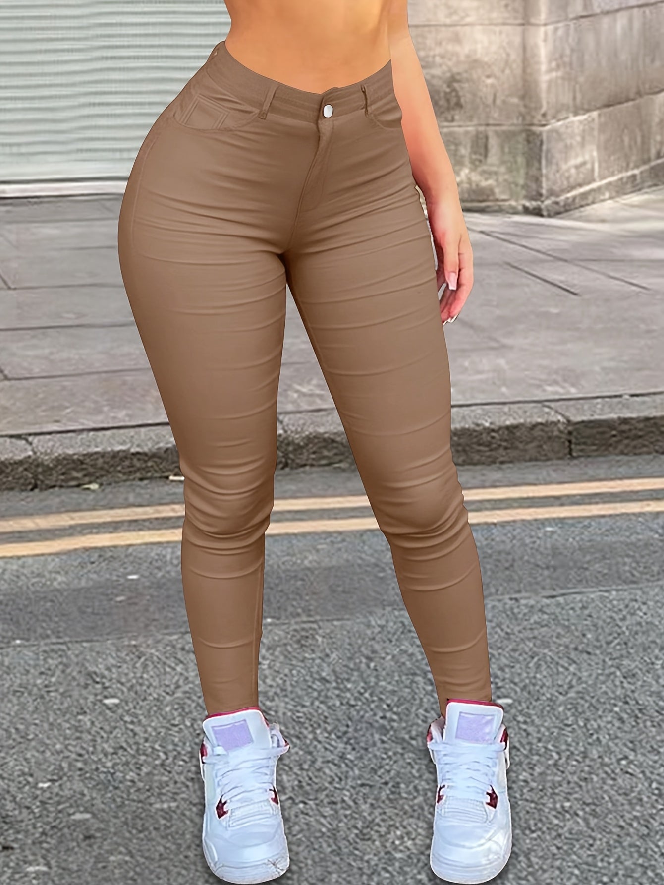 Women's High-Waisted Stretch Skinny Jeans - Solid Brown, Slanted Pockets, Comfortable Casual Attire, Casual Style, Hand Wash Only